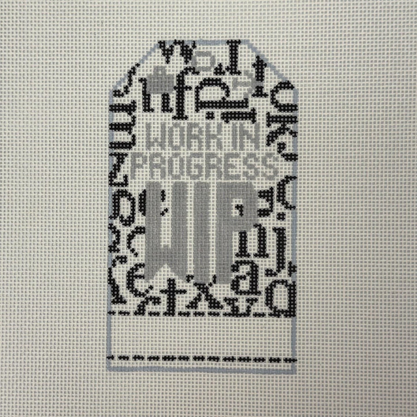Work in Progress ("WIP") Luggage Tag (by Hedgehog Needlepoint)