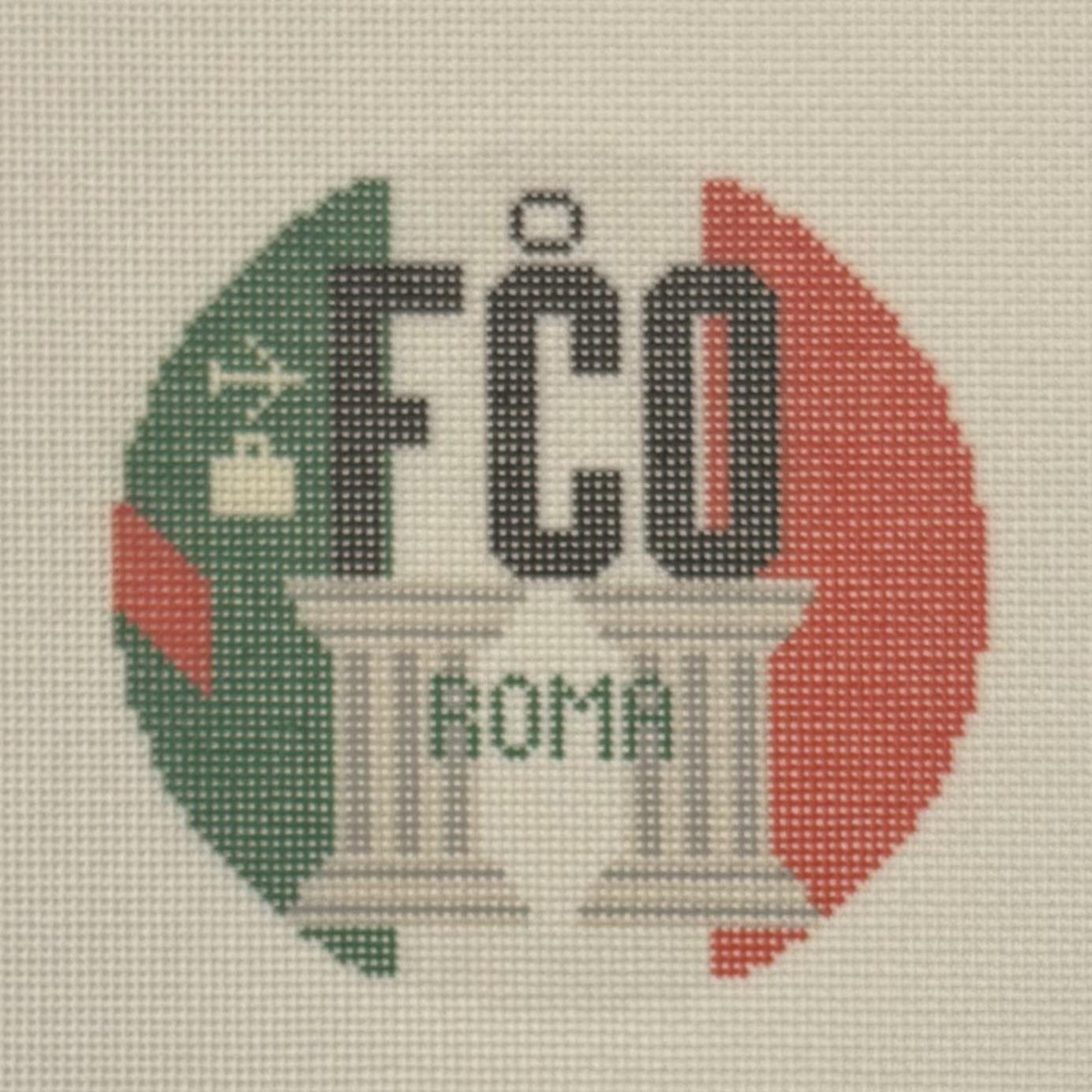 Rome Airport Round Retro Luggage Tag (by Hedgehog Needlepoint)