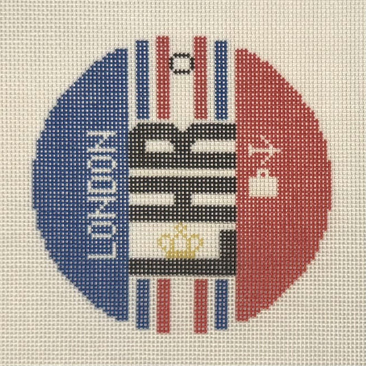 London Airport Round Retro Luggage Tag (by Hedgehog Needlepoint)