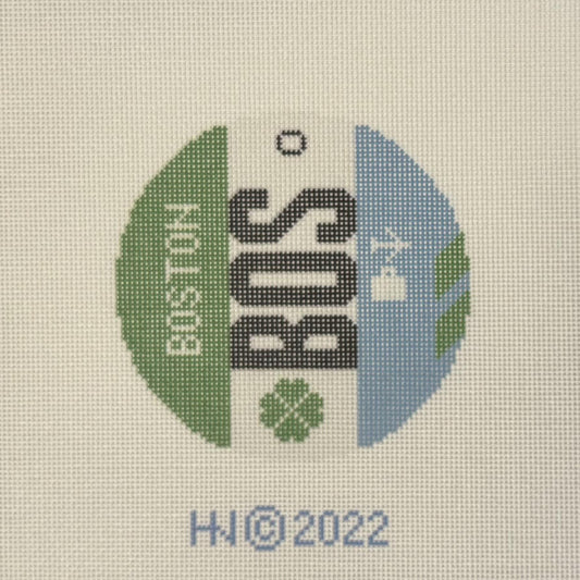 Boston Airport Round Retro Luggage Tag (by Hedgehog Needlepoint)