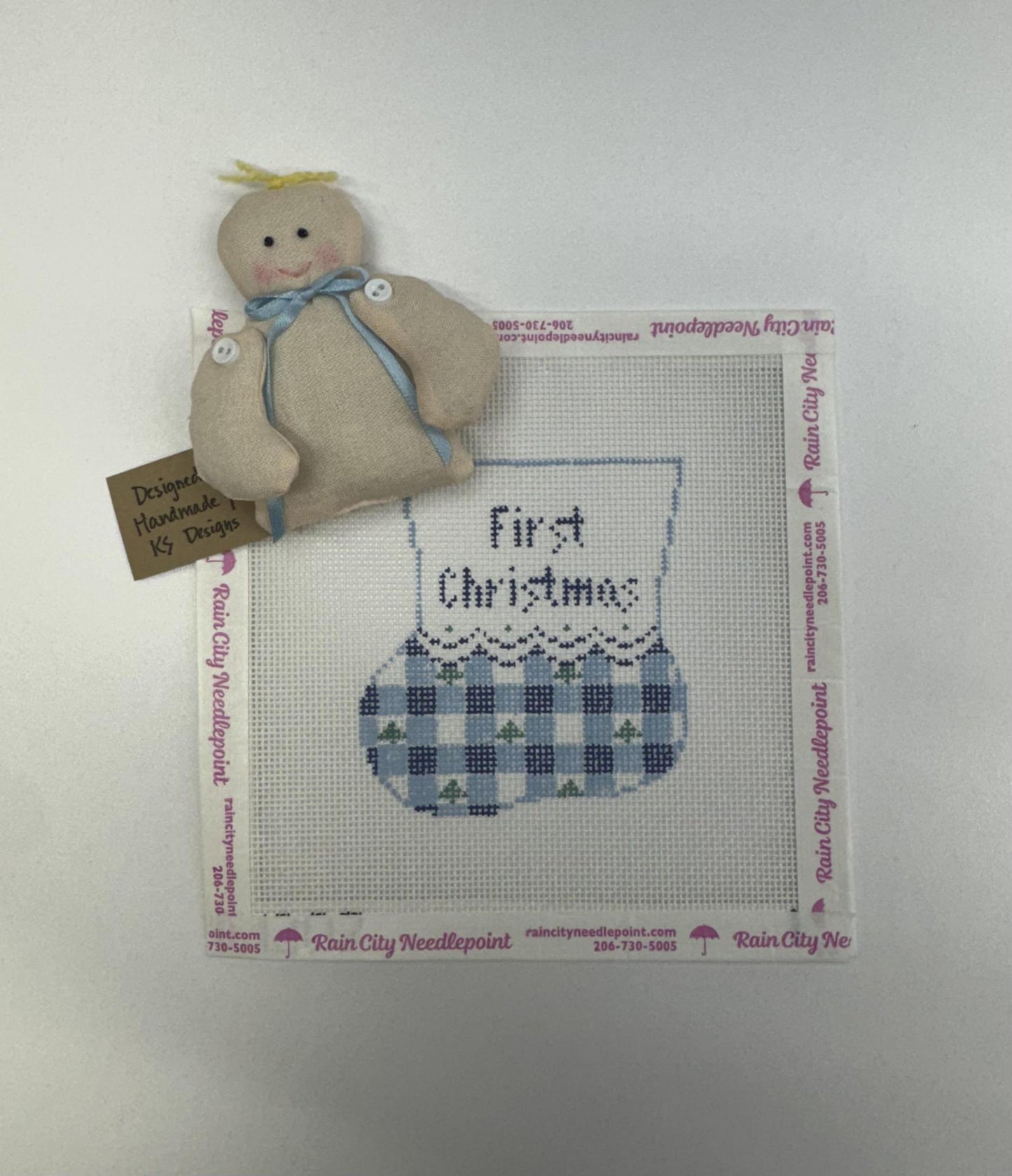 First Christmas Blue Gingham Bootie (by Kathy Schenkel)  CM207