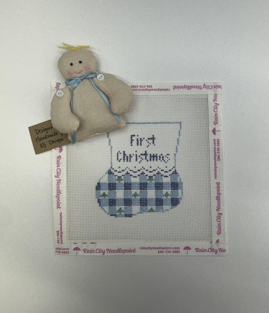 First Christmas Blue Gingham Bootie (by Kathy Schenkel)  CM207