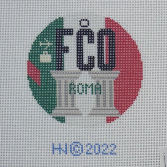 Rome Airport Round Retro Luggage Tag (by Hedgehog Needlepoint)
