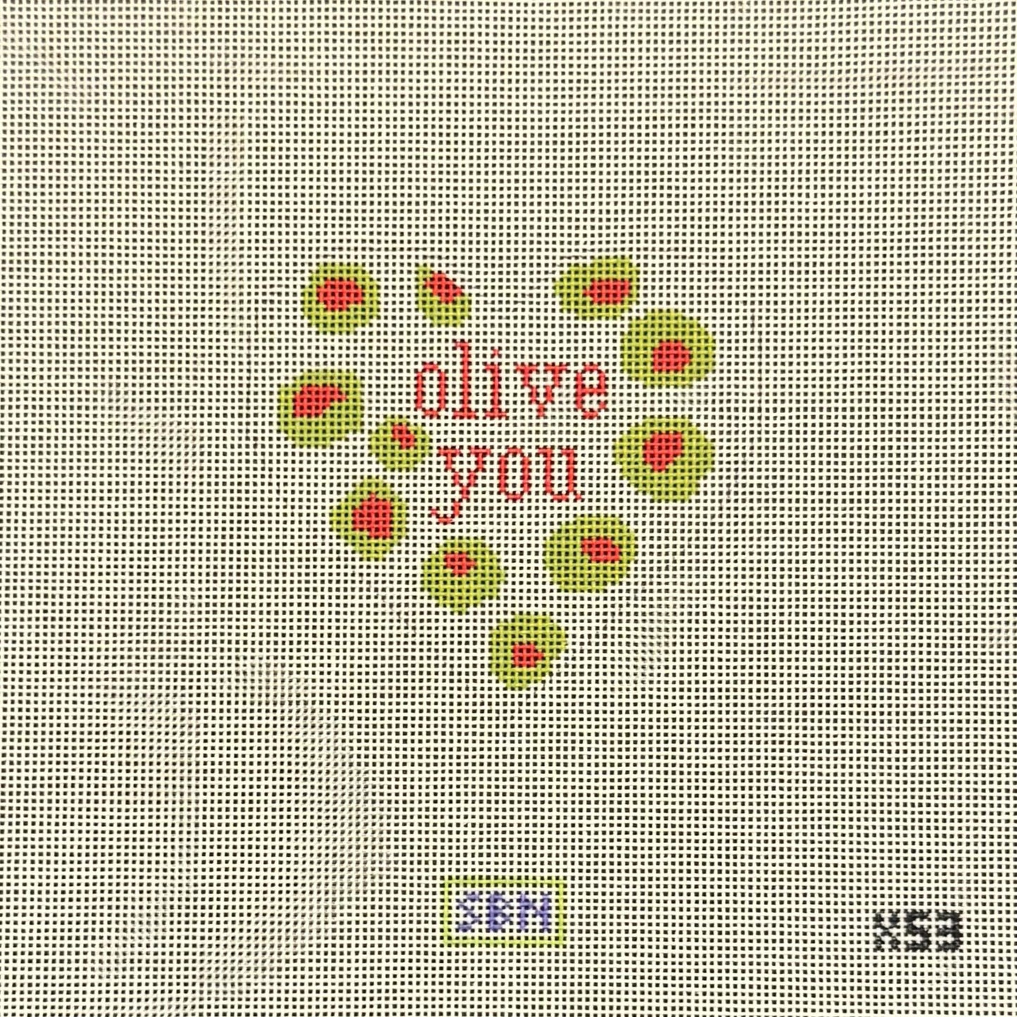 Olive You Heart Ornament (by Susan Battle Needlepoint)