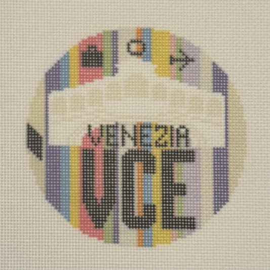 Venice Airport Round Retro Luggage Tag (by Hedgehog Needlepoint)