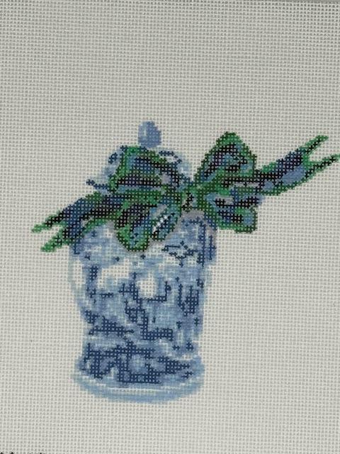 Blue Ginger Jar w/ Blue and Green Plaid Bow (by KCN) KCD1945